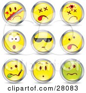 Poster, Art Print Of Set Of Sliced Dead Shot Shocked Cool Sick And Upset Green And Yellow Emoticon Faces Circled In Chrome