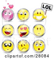 Poster, Art Print Of Set Of Infatuated Laughing Nervous Hurt And Surprised Pink And Yellow Emoticon Faces Circled In Chrome