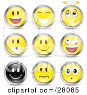 Poster, Art Print Of Set Of Happy Angelic Goofy And Upset Black And Yellow Emoticon Faces Circled In Chrome