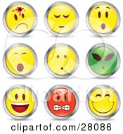Poster, Art Print Of Set Of Shot Shocked Alien Happy Mad And Grinning Red Green And Yellow Emoticon Faces Circled In Chrome