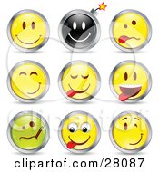 Poster, Art Print Of Set Of Happy Bomb Goofy Teasing Sick And Winking Black Green And Yellow Emoticon Faces Circled In Chrome