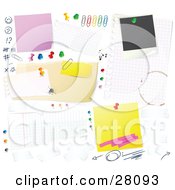 Cluttered White Bulletin Board Background With Tally Marks Faces Push Pins Thumb Tacks Blank Messages And Sticky Notes