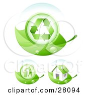 Poster, Art Print Of Set Of Dew Covered Green Leaves With Recycle Arrows A Person Throwing Trash Away And An Energy Efficient Home