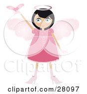 Poster, Art Print Of Black Haired Fairy Woman In A Pink Dress And Heels With Big Pink Wings And A Halo Holding A Winged Heart Up