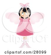 Poster, Art Print Of Black Haired Fairy Woman In A Pink Dress And Heels With Big Pink Wings And A Halo Holding A Winged Heart Above Her Head