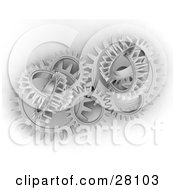 Clipart Illustration Of A Cluster Of Chrome Cogs And Gears Working In Unison by KJ Pargeter