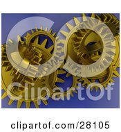 Poster, Art Print Of Clustered Gold Cogs And Gears Working In Unison Over A Blue Background