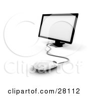 Clipart Illustration Of A Corded White Computer Mouse In Front Of A Flat Screen Monitor by KJ Pargeter
