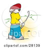 Poster, Art Print Of Man In A Yellow Shirt And Red Hat Preparing To Tee Off