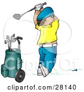 Poster, Art Print Of Man In A Yellow Shirt And Blue Hat Teeing Off While Golfing