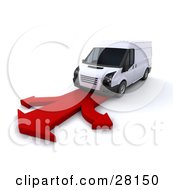Poster, Art Print Of White Delivery Van Driving On A Red Arrow Road That Branches In Three Directions