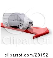 Poster, Art Print Of White Delivery Van Driving On A Red Arrow Road