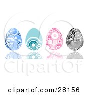 Clipart Illustration Of A Set Of Four Blue Pink And Black And White Easter Eggs With Intricate Designs