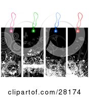 Clipart Illustration Of A Group Of Four Black And White Floral Grunge Tags With Pink Green Blue And Red Strings