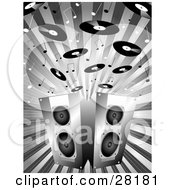 Black And White Music Notes And Records Above Two Stereo Speakers On A Bursting Background