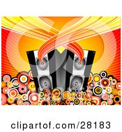 Clipart Illustration Of Sound Flowing From A Pair Of Black Music Speakers Surrounded By Circles On A Bursting Background by KJ Pargeter