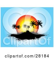 Poster, Art Print Of Grunge Tropical Background Of Silhouetted Palm Trees On A Black Island In Front Of A Sunset Over Blue