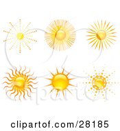 Set Of Six Bright Yellow And Orange Suns With Rays