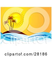 Poster, Art Print Of Three Silhouetted Palm Trees On An Island At Sunset With Sparkling Blue Waves