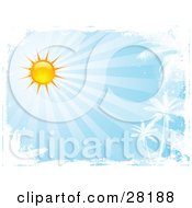 Poster, Art Print Of Bright Sun In A Blue Sky With Rays Of Light Shining Down On White Silhouetted Palm Trees Bordered By White Grunge