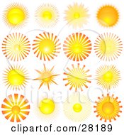 Clipart Illustration Of A Set Of Sixteen Yellow And Orange Suns With Rays Of Light