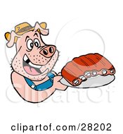 Clipart Illustration Of A Hillbilly Pig In Overalls Eating Ribs by LaffToon #COLLC28202-0065
