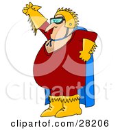 Clipart Illustration Of A Chubby Cacuasian Super Hero Man In A Blue Cape Red Costume And Golden Gloves