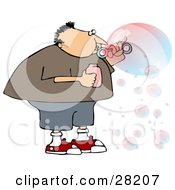 Chubby Caucasian Boy Or Man Blowing Transparent And Colorful Bubbles