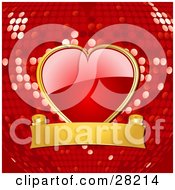 Poster, Art Print Of Shiny Red Heart With A Gold Frame Attached To A Gold Banner Over A Red Disco Ball Background