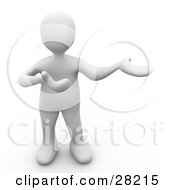 Clipart Illustration Of A White Person Standing And Holding One Arm In Front Of Him And The Other Out To The Side Presenting Something Or Explaining