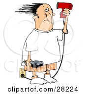 Man Standing By An Electrical Outlet Holding A Brush And Blow Drying His Hair