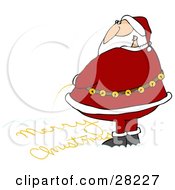 Poster, Art Print Of Santa Looking Over His Shoulder While Writing Merry Christmas In The Snow With His Yellow Pee