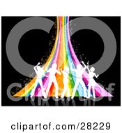Clipart Illustration Of Five White Silhouetted People Dancing In Front Of A Sparkly Rainbow Over A Black Background by KJ Pargeter