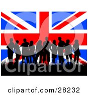Poster, Art Print Of Group Of British Teenagers Silhouetted And Standing In Grass Against A Background Of The Union Jack Flag