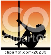 Poster, Art Print Of Black Silhouetted Pole Dancer Woman Seated On A Stage Over An Orange Background