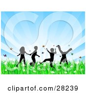 Clipart Illustration Of Four Silhouetted Children Running Holding Hands And Doing Somersaults In A Field Of Butterflies And Spring Flowers Over A Bursting Blue Background by KJ Pargeter #COLLC28239-0055