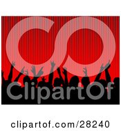 Clipart Illustration Of A Silhouetted Crowd Waving Their Hands In A Concert Over A Striped Red Background