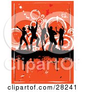 Poster, Art Print Of Group Of Silhouetted Adults Dancing And Partying On A Black Dripping Grunge Bar Over An Orange Background With White Circles