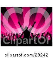 Clipart Illustration Of A Silhouetted Audience Waving Their Hands In The Air In A Concert Over A Bursting Pink Background