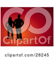 Clipart Illustration Of A Silhouetted Teen Girl Standing By Her Brother Both With Attitude Over A Red Background