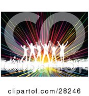 Clipart Illustration Of Six White Silhouetted People Dancing On A White Grunge Text Bar Over A Bursting Rainbow Background On Black