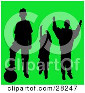 Poster, Art Print Of Set Of Three Silhouetted Athletic Boys With A Soccer Ball On A Green Background