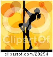 Clipart Illustration Of A Black Silhouetted Pole Dancer Woman Dancing On A Stage Over An Orange Circle Background by KJ Pargeter