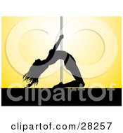 Clipart Illustration Of A Flexible Black Silhouetted Pole Dancer Woman Holding Onto The Pole And Leaning Backwards While Dancing On Stage Over A Yellow Background