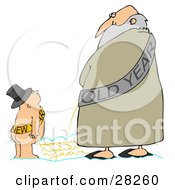 Clipart Illustration Of A New Year Baby Boy Looking Up At An Old Man And Watching Write Happy New Year With His Pee