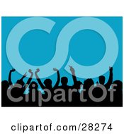 Clipart Illustration Of A Silhouetted Crowd Waving Their Hands In The Air At A Concert Over A Blue Background