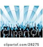 Clipart Illustration Of A Silhouetted Audience Waving Their Hands In The Air At A Concert Over A Bursting Blue Background