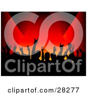 Clipart Illustration Of A Silhouetted Crowd Waving Their Hands In In The Air Near A Stage Over A Red Background