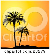 Poster, Art Print Of Two Palm Trees In Paradise Silhouetted Against An Orange Sunset Sky
