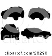 Poster, Art Print Of Black Silhouetted Sport Utility Vehicle In Different Positions Over A White Background